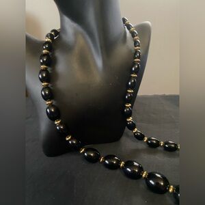 1980s Napier Black and Gold Oval Graduated Beaded Necklace, signed